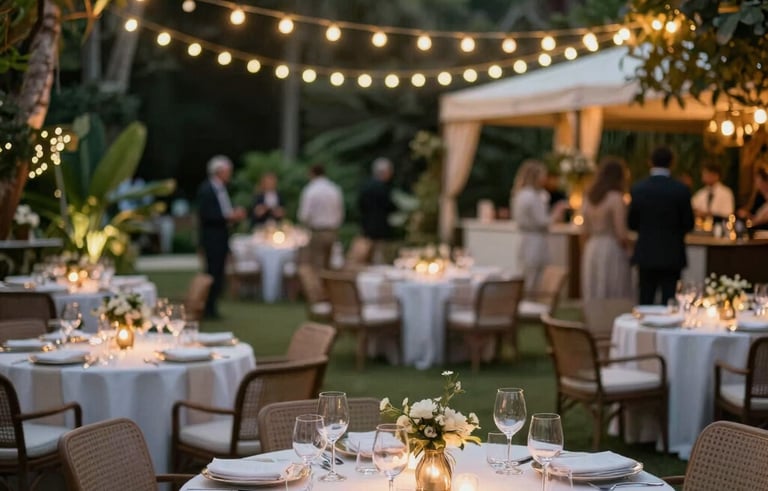 A sophisticated evening outdoor social event in a lush South American garden setting. The scene features elegant lounge furniture, warm hanging fairy lights, and beautifully set tables with glassware reflecting the soft light, capturing a creative and festive mood.