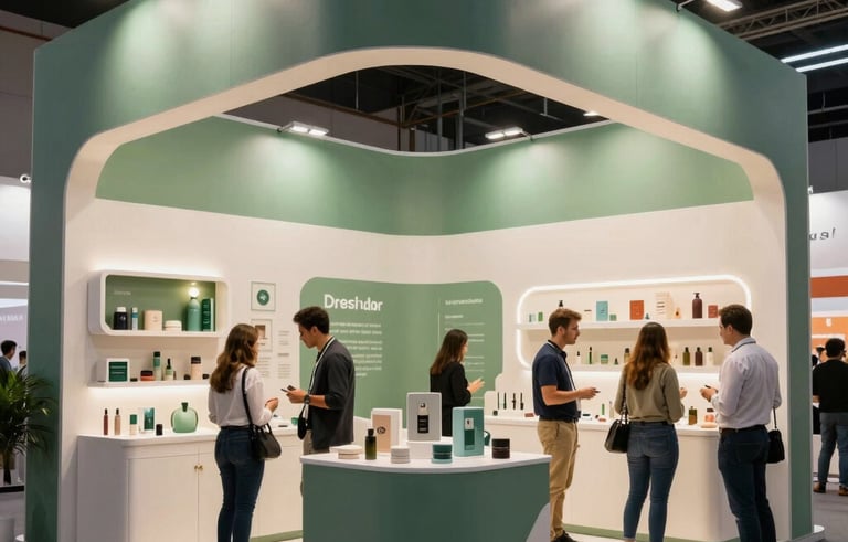 Photography of a vibrant and elegant trade fair exhibition booth in Brazil. The design is modern with slate green and off-white accents, featuring sleek architectural lines and professional lighting that highlights the products displayed. People interact in a professional manner.