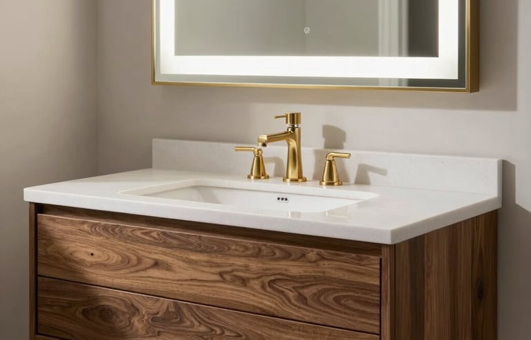 Close-up of a custom floating wood vanity with a white quartz countertop in a North American home. A large backlit mirror and gold hardware add a touch of luxury to the minimalist bathroom design.