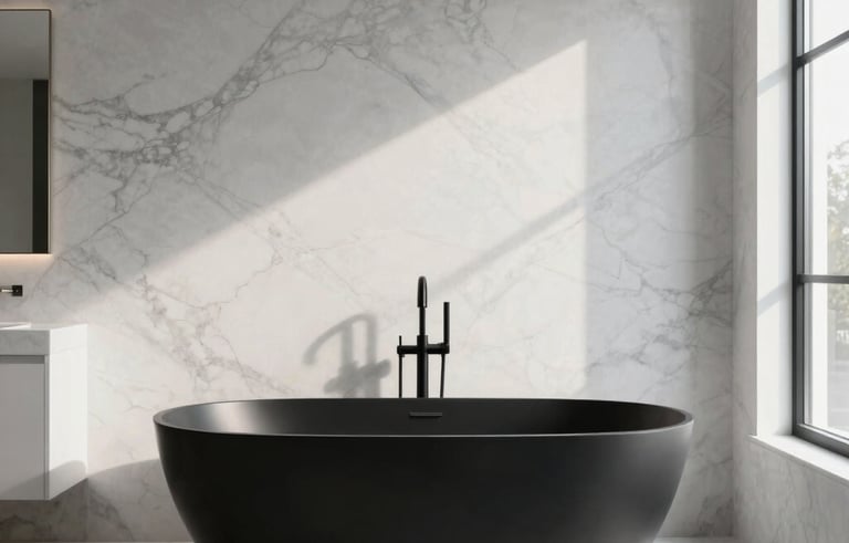 A high-end North American master bathroom renovation featuring a matte black freestanding bathtub against a white marble wall. Soft natural light streams through a large window, minimalist luxury design with clean architectural lines.