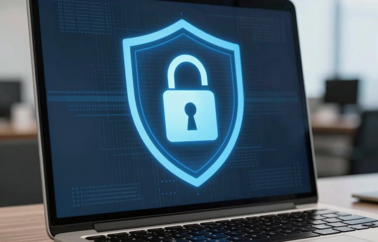 A close-up shot of a high-end laptop in an Ecuadorian corporate office showing a stylized digital shield and data protection lock, soft bokeh background, electric blue and dark gray color palette.