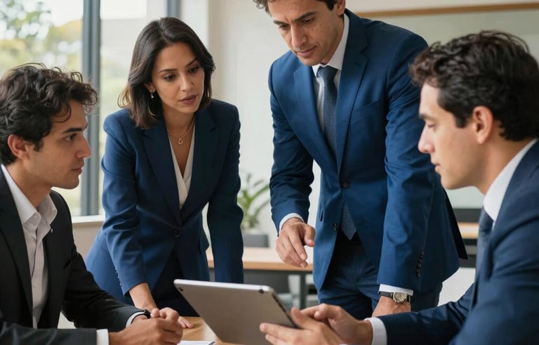 A collaborative meeting in a bright South American architectural setting, business owners discussing digital strategy around a tablet, professional and approachable mood, electric blue accents.