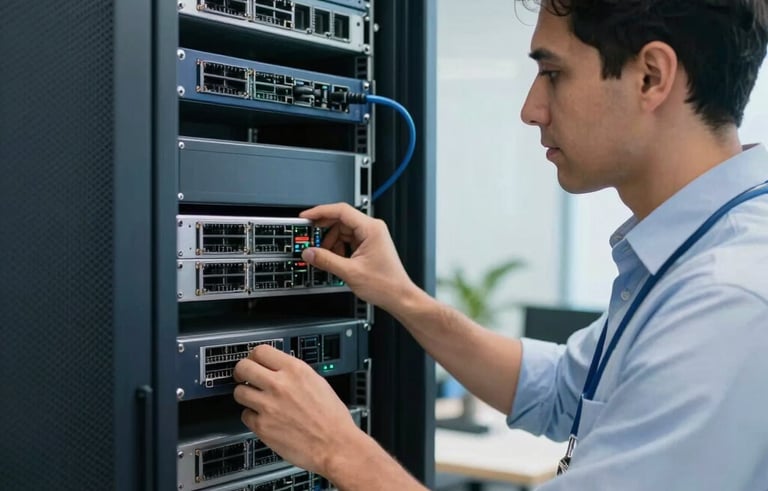 A professional technician in a modern South American office environment configuring a network server rack, natural daylight, focused and reliable atmosphere, featuring dark blue and white tones.