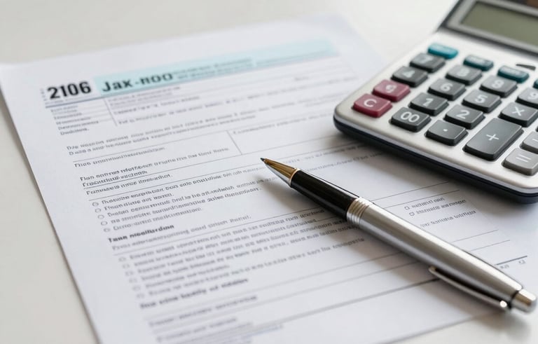 A professional close-up of tax documents, a silver calculator, and a high-end pen on a clean off-white desk. The lighting is bright and clear, reflecting a modern North American office atmosphere with slate blue accents.