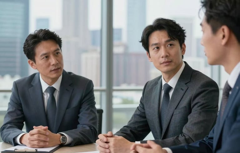 Two business professionals in structured suits having a strategic meeting in a glass-walled conference room. A North American city skyline is blurred in the background, with a palette of slate blue, silver, and off-white.