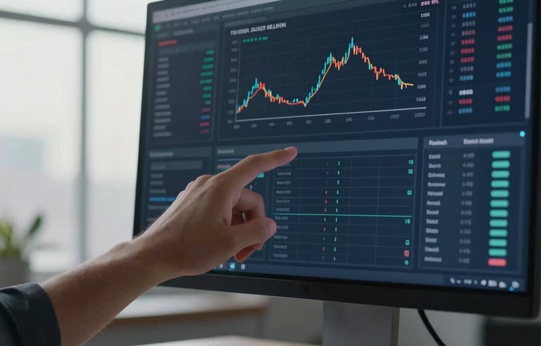 A professional setting featuring a hand pointing to a digital financial dashboard on a sleek monitor. The scene uses cool navy and slate tones with soft morning light through a large office window in a North American setting.