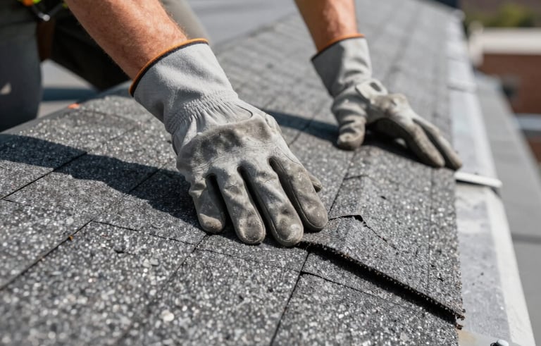 Close-up photography of a professional roofer's hands in industrial gloves repairing asphalt shingles on a NYC rooftop. The lighting is bright and clear, highlighting the durable steel gray texture of the materials and a hint of a yellow safety vest. North American / NYC setting.