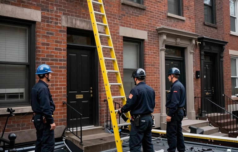 Wide shot of a residential neighborhood in New York City with a crew in dark navy uniforms performing a post-storm roof inspection. A bright yellow safety ladder is leaning against a brick facade. High-contrast, industrial-grade photography style.