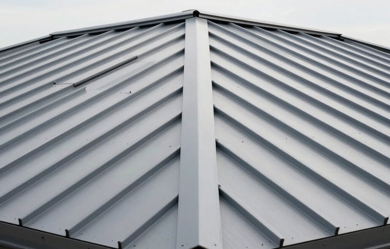 A clean, modern perspective of a newly installed steel gray metal roof on a high-end property. The composition emphasizes strength, durability, and precise craftsmanship. North American / NYC architecture under a bright white sky.