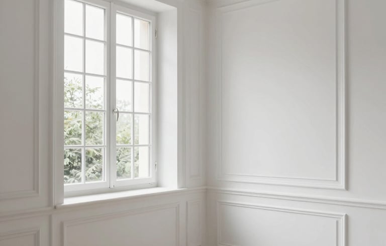 The interior of a modern French residence showing high-quality plasterwork and interior finishing. Clean white walls, professional lighting, and precise detailing on window frames. A sense of modern comfort and professional execution.