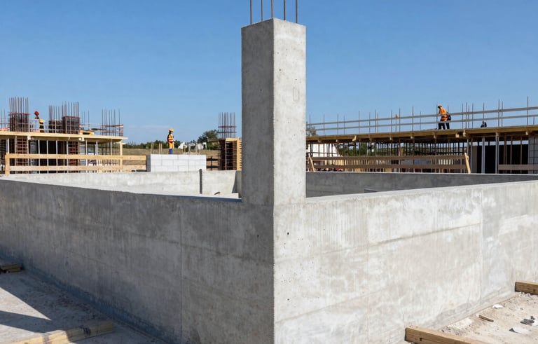 A professional construction site in Meyreuil, France, showing a solid concrete foundation and masonry work. Clear blue sky, bright daylight. Focus on the durability and precision of the structural elements. Professional workers in safety gear visible in the distance.