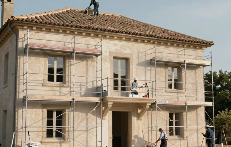 A French villa undergoing facade and roof renovation. Scaffolding is neatly arranged, showing a clean work site. Professional painters and roofers working under the soft light of the Provence sun. High-quality materials visible.