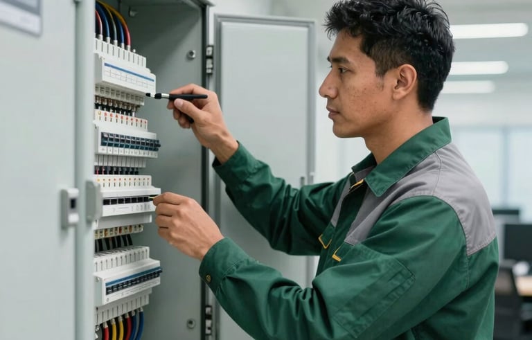 A professional South American electrician in a clean dark green and grey uniform inspecting a modern electrical panel in a bright, high-tech industrial office. Professional photography, sharp focus, natural daylight.