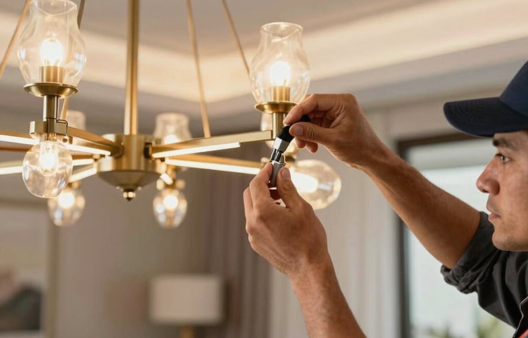 A close-up of a professional electrician's hand installing a modern, elegant chandelier in a contemporary South American living room. Warm lighting, focus on precision and craftsmanship.