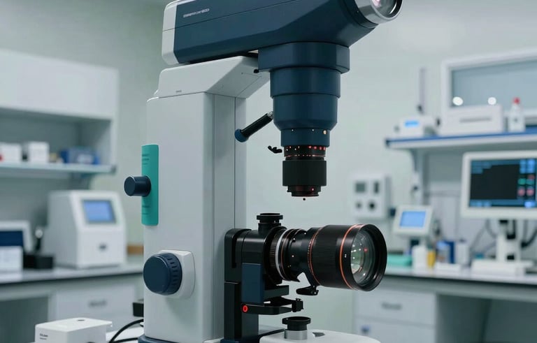 A high-tech laboratory setting in North American / US, showing advanced medical diagnostic equipment in shades of dark blue and teal, with bright, professional studio lighting.