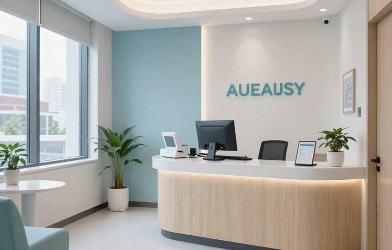 A bright and welcoming modern medical clinic interior in a North American / US city, featuring clean lines, soft light blue and off-white decor, and a professional, empathetic atmosphere.