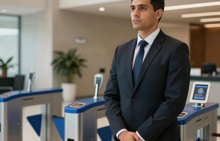 A focused security professional in a formal dark suit standing in a sleek, modern Brazilian corporate lobby with electronic turnstiles and royal blue accents. High-end professional atmosphere.