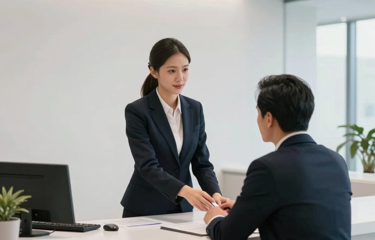 A professional South American office scene showing a receptionist in corporate attire assisting a client in a bright, modern, minimalist lobby. Clean lines and professional lighting.