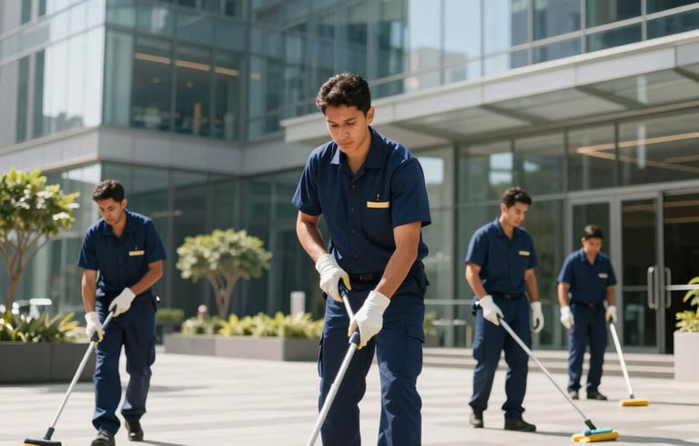 A professional South American / Brazilian janitorial team in crisp, navy blue uniforms cleaning a high-end, modern glass-walled corporate office during the day with bright, natural sunlight. Sophisticated architecture.
