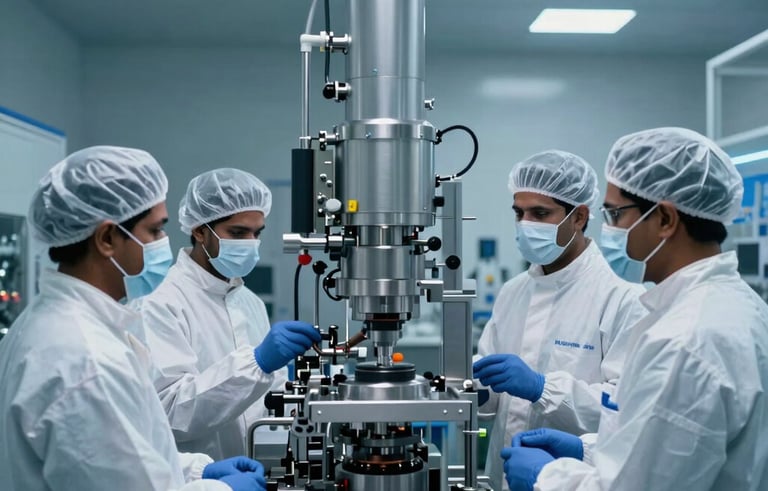 Professional photography of a high-tech pharmaceutical manufacturing plant in India. South Asian staff in protective gear monitor clean automated production lines. Deep blue and white clinical aesthetic.