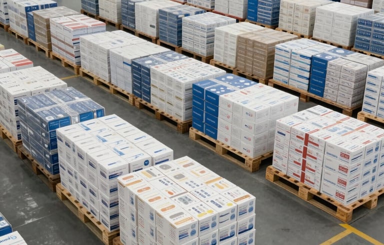 Wide angle photograph of a corporate logistics hub in Bangalore. Neatly organized pallets of medicine boxes in a vast warehouse setting. South Asian / Indian professional environment, bright and efficient.