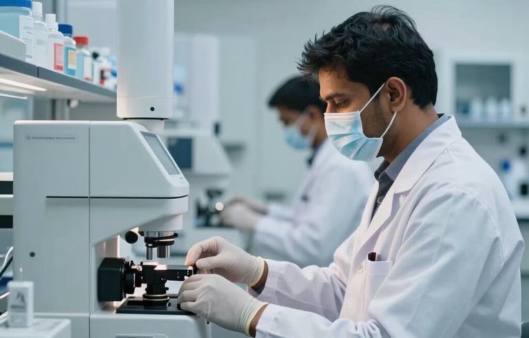 Photography of a modern clinical laboratory in Bangalore. South Asian researchers in white coats and masks work with high-tech equipment under pale blue and white lighting. Professional, sterile environment.