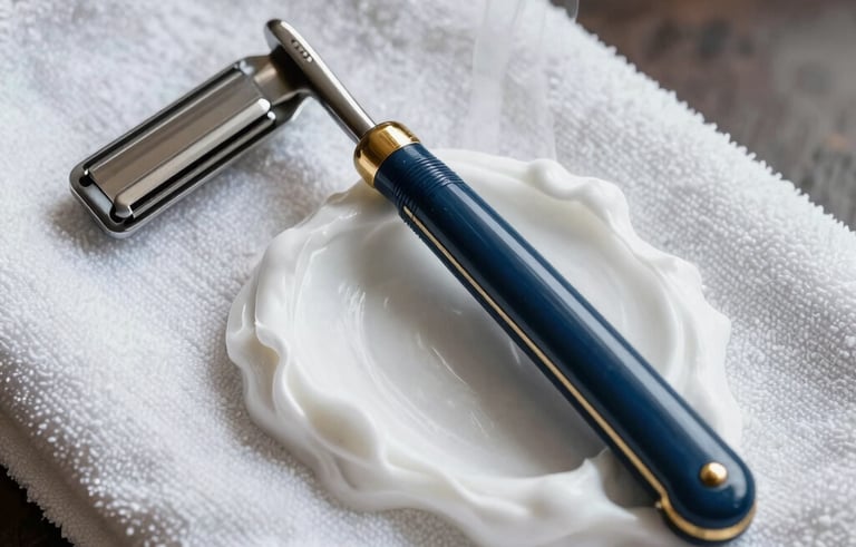 Macro photography of a traditional straight razor shave with white lather and a steaming towel. The atmosphere is serene and elegant, reflecting the purity of Obatalá. Professional tools in steel blue and gold. South American / Ecuadorian barbershop context.