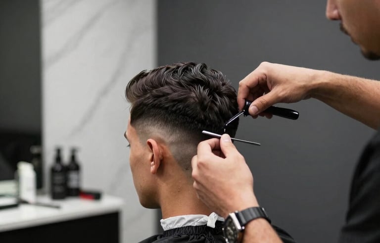 High-end photography of a professional barber performing a precision fade haircut in a sophisticated Guayaquil studio. The interior features white marble and dark grey accents, with soft lighting highlighting the artistry of the process. South American / Ecuadorian setting.