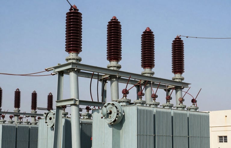 A detailed industrial photograph showing a high-voltage electrical substation in the Middle East. Steel structures, transformers, and complex wiring are captured with precision under professional lighting. The color palette features slate blue and metallic grey tones, emphasizing technical expertise.