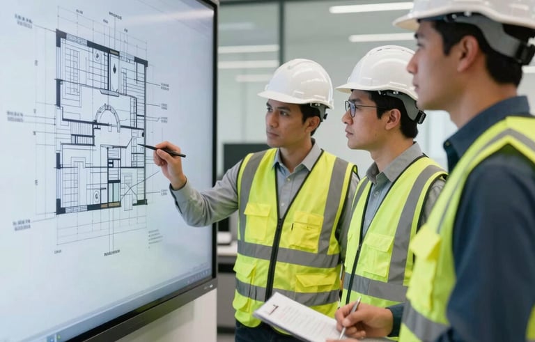 A group of engineers in white hard hats and reflective vests standing in a professional office setting in Saudi Arabia, reviewing technical structural drawings on a large screen. The lighting is bright and clean, reflecting a high-tech engineering environment.