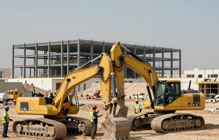 A wide-angle photography shot of an infrastructure development project in Jubail, Saudi Arabia. Workers in safety gear are visible near large earthmoving equipment on a dusty, sunlit construction site. The background shows the rising steel frame of a commercial building against a pale blue sky. Professional and reliable atmosphere.