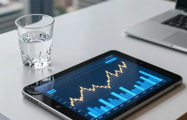 A high-angle photograph of a modern Brazilian financial district office desk. A tablet displays glowing blue and gold growth charts next to a crystal water glass. Professional and wealthy atmosphere.
