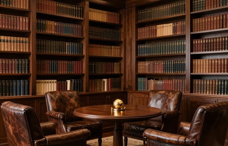 A sophisticated Brazilian private library with dark wood shelves and leather armchairs. Gold-toned accent lighting illuminating a classic, professional meeting space for wealth transition discussions.