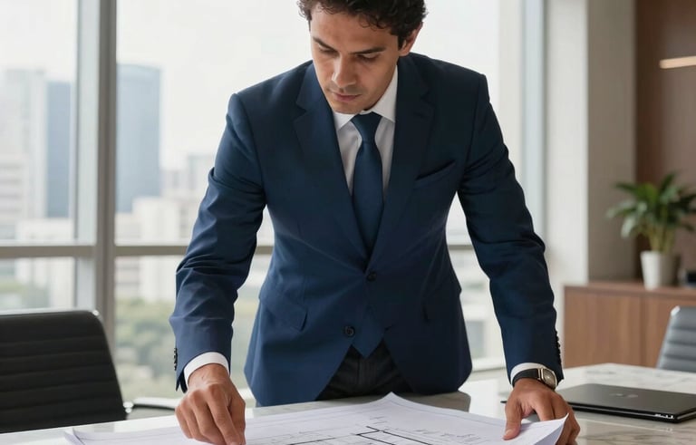 A professional South American businessman in a tailored deep blue suit reviewing architectural blueprints and financial documents on a sleek marble table in a bright, modern office in São Paulo. Soft natural sunlight filtering through large windows.