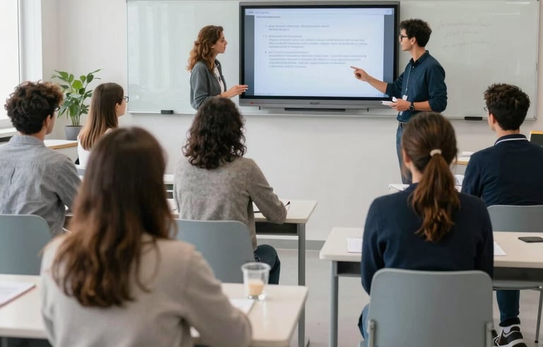 A professional educational workshop in a modern European Portuguese classroom. A group of adults is engaged in a session with a instructor standing by a digital screen. The room is filled with bright natural light, featuring furniture in light grey-blue and off-white tones.