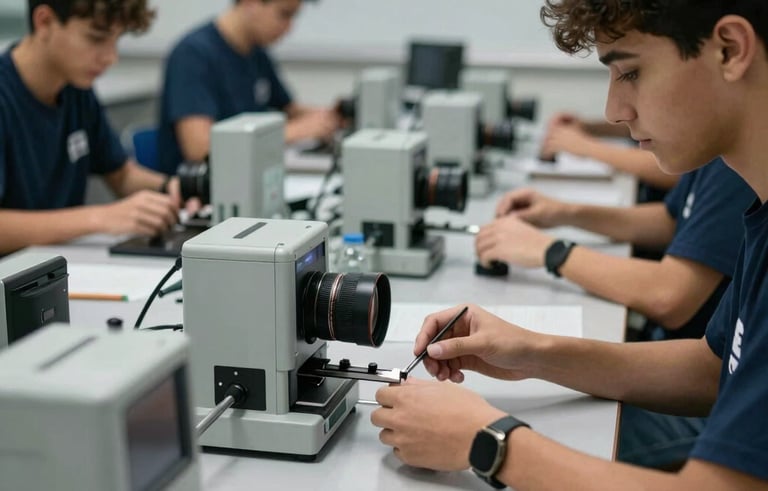 A hands-on technical workshop in a Portuguese vocational school. Students are working with sophisticated equipment on light grey workbenches. The composition is focused and energetic, showing the process of active learning and skill development. Soft grey-blue and dark blue palette.