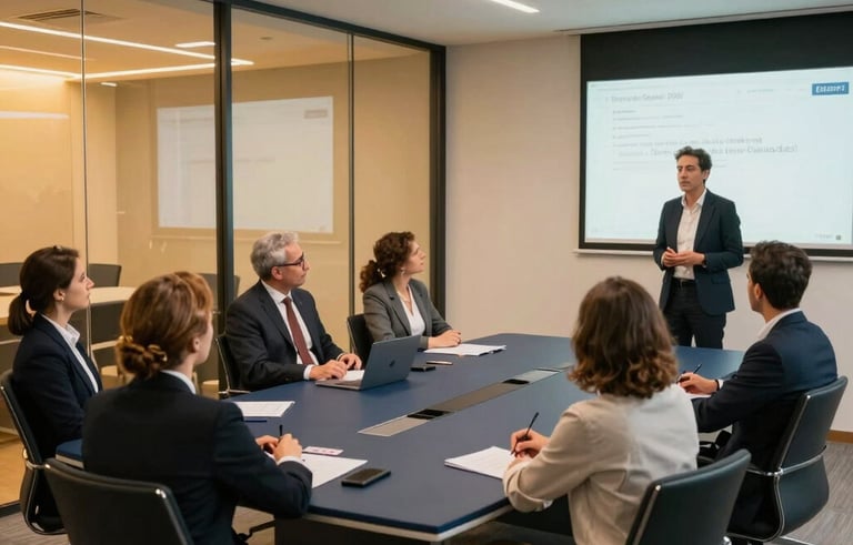 A high-level executive training masterclass in a sleek, contemporary Lisbon office building. A diverse group of European Portuguese professionals are seated around a dark blue conference table, listening to a keynote speaker. The scene is professional and inspiring, with warm gold lighting accents.