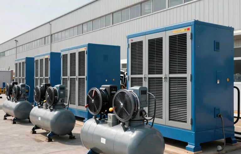 Clean, heavy-duty industrial equipment including air compressors and chillers lined up outside a modern US manufacturing facility. The machinery is painted in industrial blue and grey, under a clear sky, emphasizing robust rental solutions.
