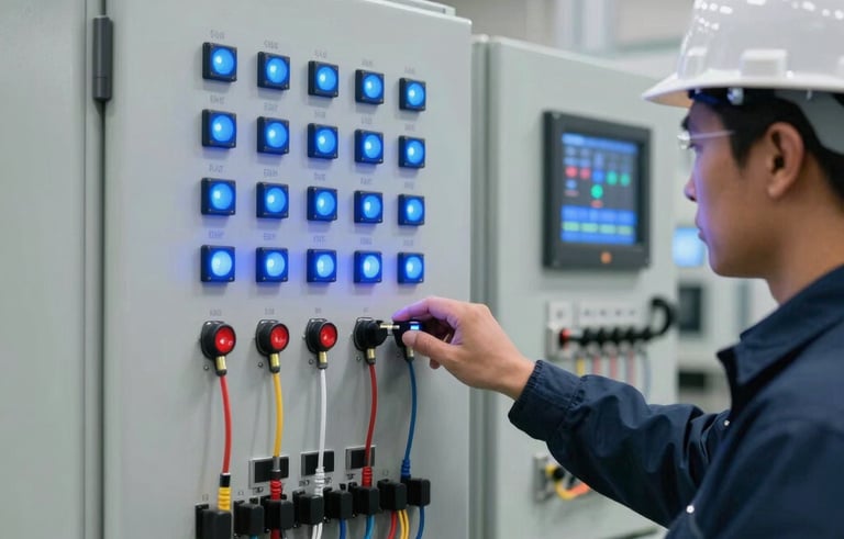 A professional North American industrial setting featuring a high-tech automation control panel with blue LED indicators and organized wiring. A technician in a hard hat is visible from the side, symbolizing precision and industrial expertise. Bright, modern lighting.