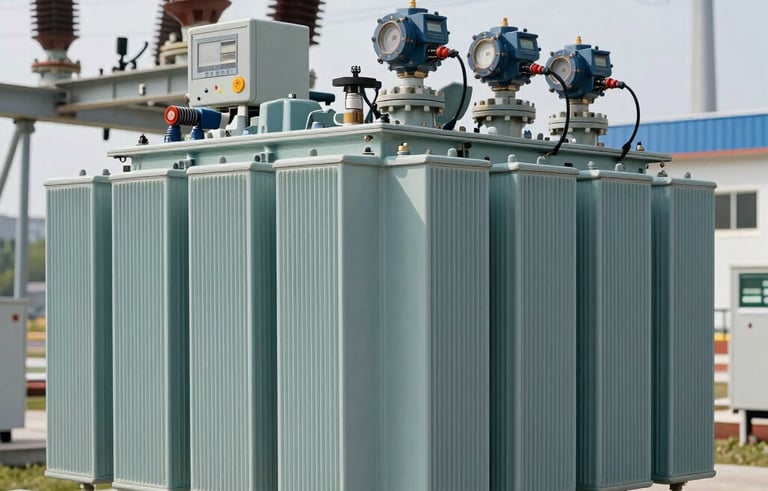 A sharp, detailed photograph of a large industrial transformer at a North American power site. Professional electrical testing equipment is connected to the unit, showing a focus on technical reliability and safety standards.