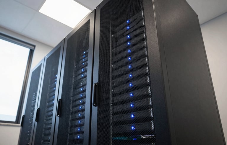A clean, modern server room in a South American / Brazilian office. Low-angle shot of sleek server racks with subtle blue glowing lights, emphasizing high technology and professional infrastructure. Natural lighting from a side window, professional photography style.