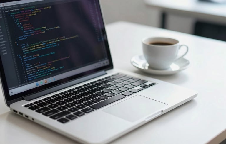 Close-up of a high-end laptop on a clean white desk in a South American / Brazilian tech office. The screen shows abstract code patterns. Beside the laptop is a cup of coffee. Bright, airy, and professional atmosphere with muted blue tones.