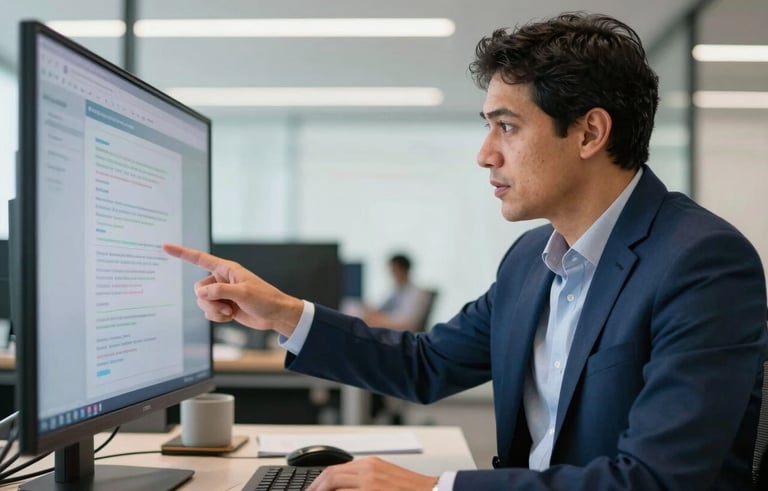 A professional IT consultant in a South American / Brazilian corporate setting, pointing at a digital screen during a strategy session. Soft focus on the background office, sharp focus on the professional interaction. Lighting is clean and natural, palette includes deep blues.