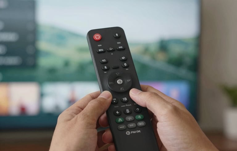 A close-up of a person's hands holding a modern streaming remote in a North American home setting. The TV screen in the background shows a clear setup menu, with soft green and light gray lighting.