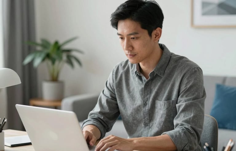 A focused adult in a bright, modern North American home office looking at a laptop screen. The scene is clean and organized with light gray and blue accents in the decor, using professional natural lighting for a trustworthy feel.