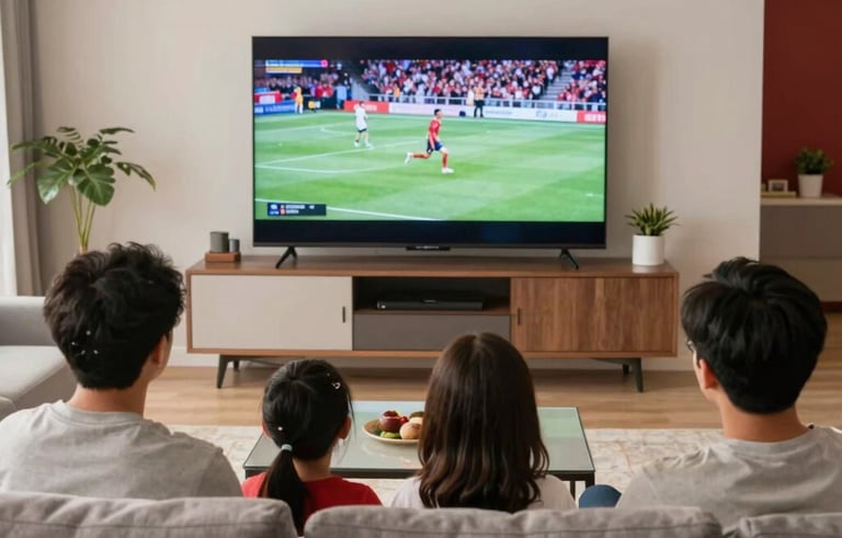 A North American family relaxing in a modern living room, watching a live sporting event on a high-definition TV. The lighting is warm and natural, highlighting a clean, efficient space with soft gray and red accents.