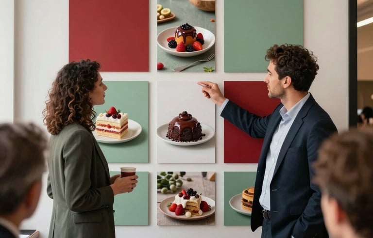 A collaborative marketing planning session in an elegant European / Spanish office. Experts looking at a mood board with food photography, featuring crimson and sage green brand accents. Professional, creative, and warm atmosphere.