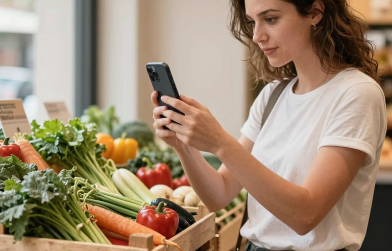 A professional digital marketer in a European / Spanish setting using a smartphone to capture high-quality photos of a rustic wooden crate filled with fresh local vegetables in a bright, modern market. Warm, natural lighting, elegant and approachable atmosphere.