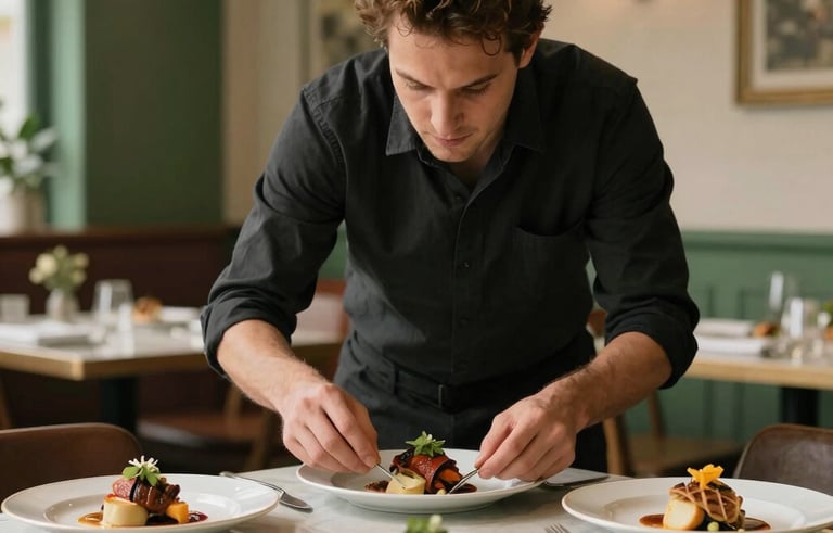 A professional food photography session in a European / Spanish Scandinavian-style restaurant. A stylist meticulously arranging a gourmet dish under soft, warm lighting. Forest green and beige tones in the background decor.