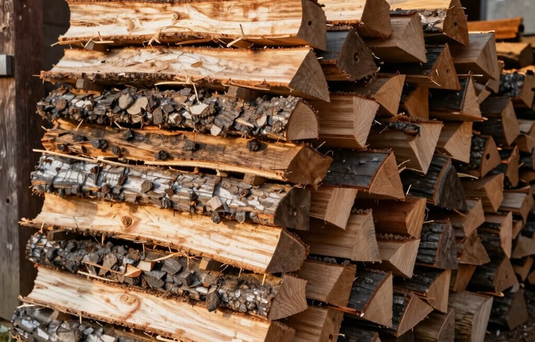 Neatly stacked cords of seasoned North American hardwood, split and ready for burning, set against a rustic barn background in warm natural afternoon light.
